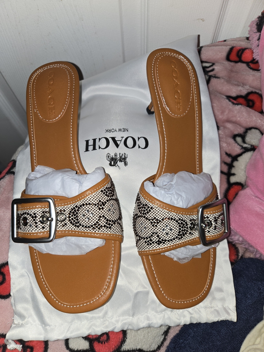 Coach Tan and Black Monogram Buckle Slide Sandals